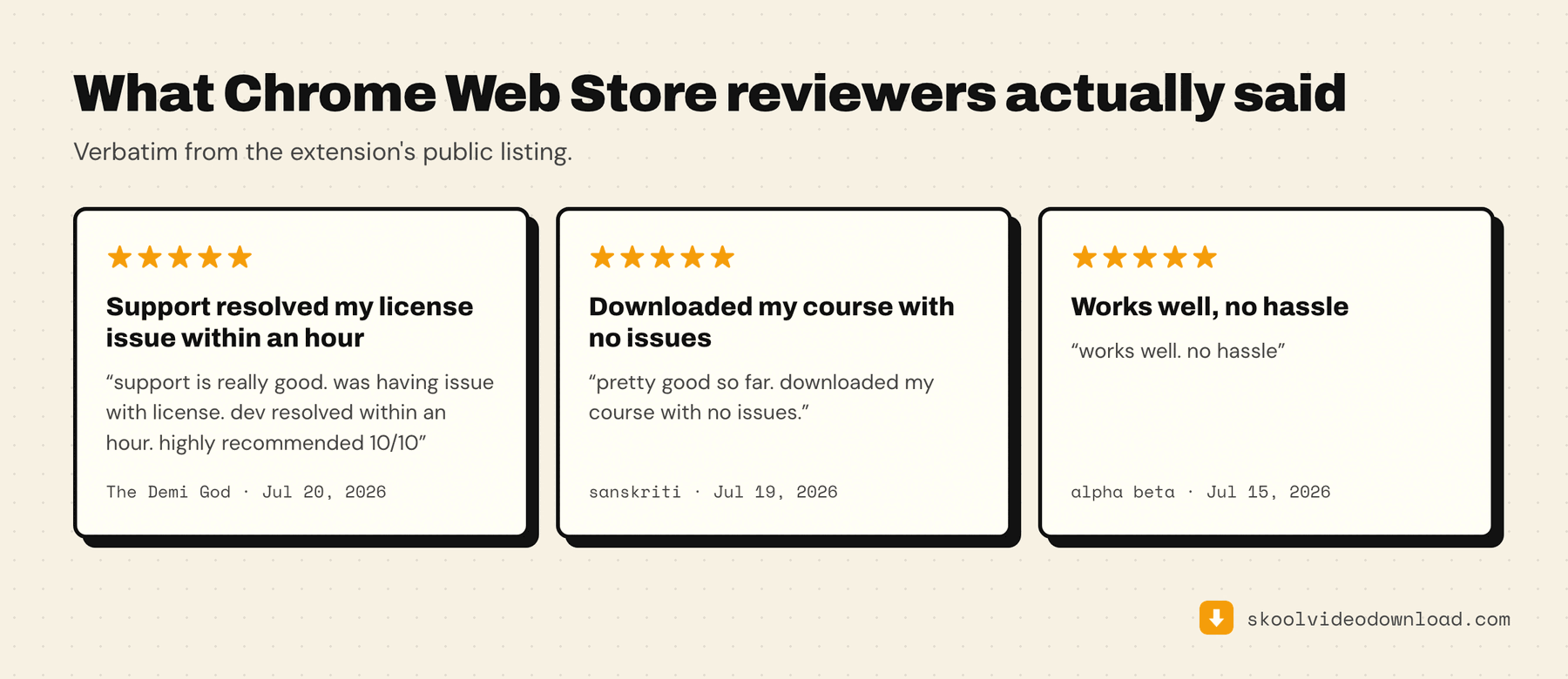 Verbatim five-star Chrome Web Store reviews for Skool Video Downloader